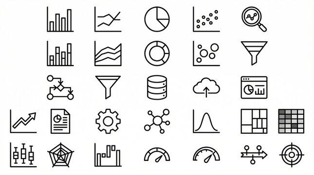 "A comprehensive grid of 30 minimalist black-and-white line icons representing diverse data visualization methods, including bar charts, line graphs, pie charts, scatter plots, magnifying glasses, and