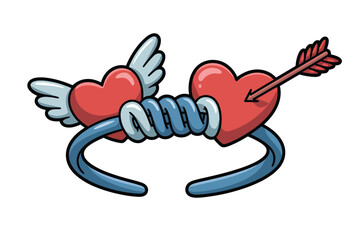 Cartoon Heart-Shaped Headband with Wings and Arrow, Red and Blue Colors, Valentine's Day Symbol