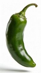 Single fresh green jalapeno pepper isolated on a clean white background with shadow