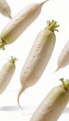 Fresh daikon radishes falling and isolated on a white background, healthy food concept