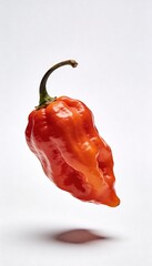 Vibrant red habanero pepper suspended in air with a soft shadow below