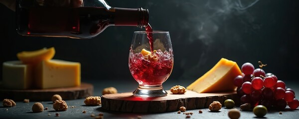 Naklejka premium Red wine streams into faceted glass with ice cubes and cheese. Grapes and nuts complement a gourmet refreshment, perfect for celebration or quiet evening indulgence.