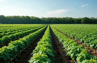 Naklejka premium Vast farm fields with rows of green plants under clear blue sky. Rich trees border cultivated land, suggesting bountiful growing season. Agricultural expanse with neat plant lines stretching to