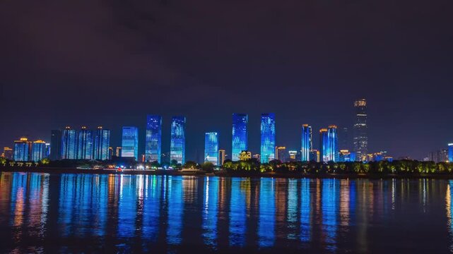 Changsha Night Skyline with Colorful Lights Reflecting on Xiangjiang River