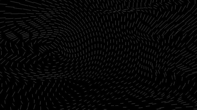 A monochromatic motion graphic featuring a dense field of short, white dashed lines that ripple and shift like a digital topographic map or magnetic field.