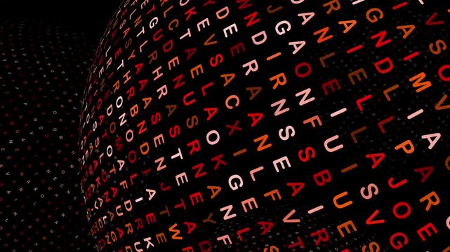 Large, rotating spheres composed of glowing red and white alphanumeric characters drifting through a dark, empty space.