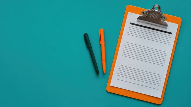 Orange Clipboard with Blank Paper and Pens on Teal Background for Business Planning