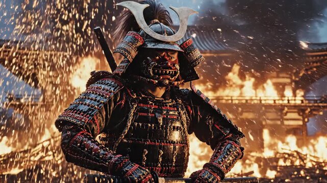 Samurai warrior in traditional armor standing triumphantly amidst burning Japanese temple ruins with katana sword in dramatic scene.