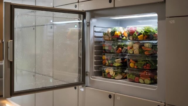 Medium shot of a temperaturecontrolled pickup locker wall inside a modern indoor foyer with prepacked meals visible main locker in sharp focus and background softly blurred.