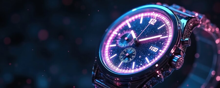 Close-up abstract futuristic watch face glows with neon pink, blue lights. Digital numbers, sparkling particles create dynamic tech design. This modern timepiece reflects innovation, speed, style.