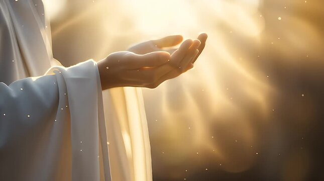 Close up of a figure draped in white flowing robes holding open hands upward toward a brilliant warm golden light source with ethereal particles floating around in the air