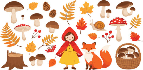Autumn Forest Vector Illustration Set with Little Red Riding Hood, Fox, Mushrooms, Fall Leaves, Pinecones, Snail, and Woodland Nature Elements Collection © Selim Studio