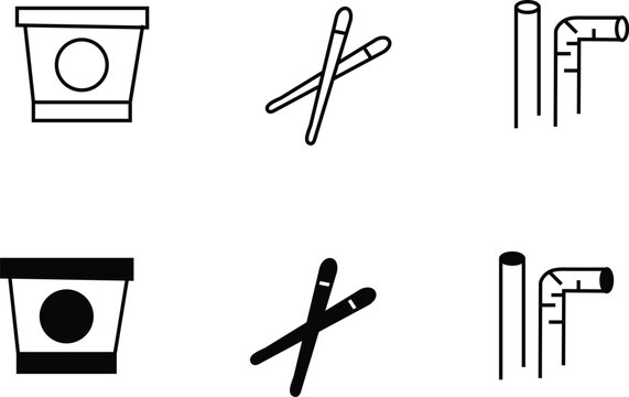 A set of six black and white icons featuring various pipe and bucket symbols