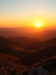 Obraz premium Sunset casting warm glow on rolling hills and mountains, ||sunset, serene