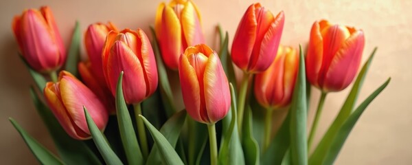 Fototapeta premium Bouquet of vibrant pink and orange tulips. Fresh spring flowers with green leaves on textured paper background. Floral detail, nature and garden beauty.