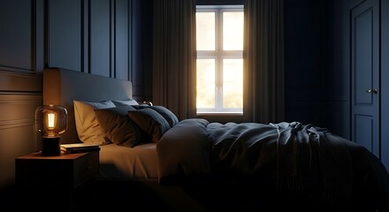 A serene and peaceful bedroom with a bed, nightstand, and lamp in a dark room with a window