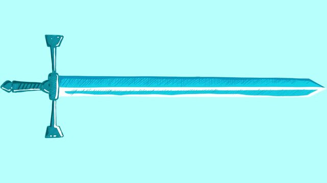 Self drawing medieval longsword in 2D style on blue background. Shaded cold thrust weapon animation in 4K.