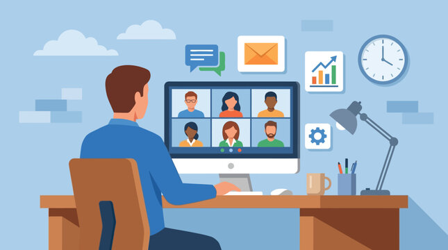 A 2d vector illustration shows a man on a blue background participating in a remote online meeting for hybrid work.