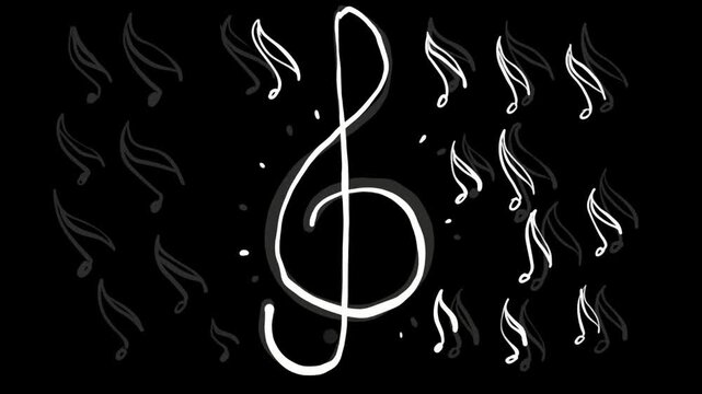 Dynamic music notes and white treble clef on black screen. Doodle style musical animation effect.