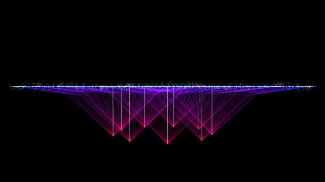 A direct side-profile view of a digital horizon. The animation shows a thin, energetic plane of blue and white light with deep pink and purple triangular "roots" or node clusters extending downward in