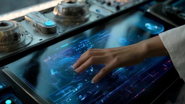 Detailed medium shot of an individual using an iris scan device integrated into a futuristic security checkpoint