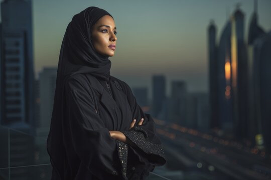 An elegant woman in black attire stands on a rooftop at twilight