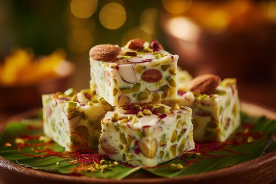 Close-up of square sweet cubes with pistachios and almonds