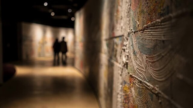 Medium shot emphasizing a textured corridor wall leading audience members deeper into an interactive theater setup the main path clearly visible while rest fades into soft blur.