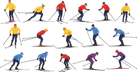 Fototapeta premium Large vector set of flat character illustrations featuring men and women cross country skiing in various action poses and colorful winter sports gear.