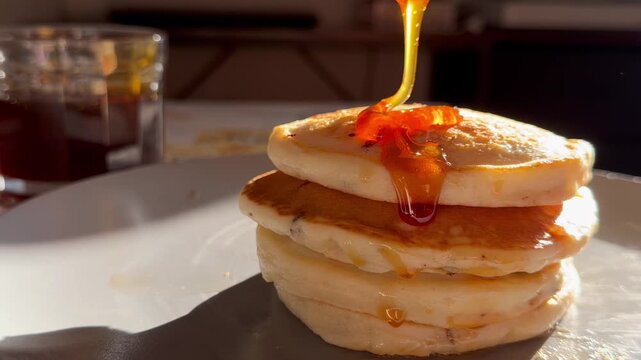 A close-up shot of golden syrup being poured over stacked pancakes, creating a delicious and appetizing breakfast scene, perfect for food-related content.