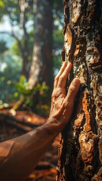 Hand touching tree bark in a sunlit forest, connecting with nature.