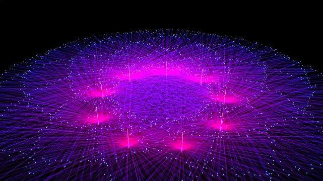 A top-down, symmetrical view of a celestial or digital network. A ring of eight bright pink focal points radiates outward, interconnected by a dense, web-like mandala of purple lines and blue glowing 