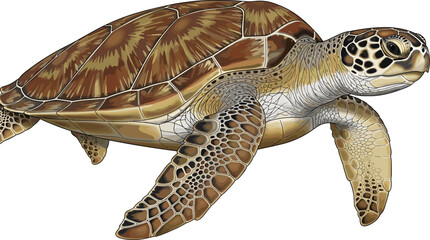 Detailed vector illustration of a green sea turtle swimming with realistic shell patterns and flipper textures isolated on a white background for marine life concepts. © MdGohurul