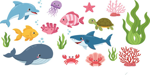 Cute ocean animals cartoon vector set with dolphin whale shark turtle fish crab jellyfish and coral reef elements © MDRIFAT