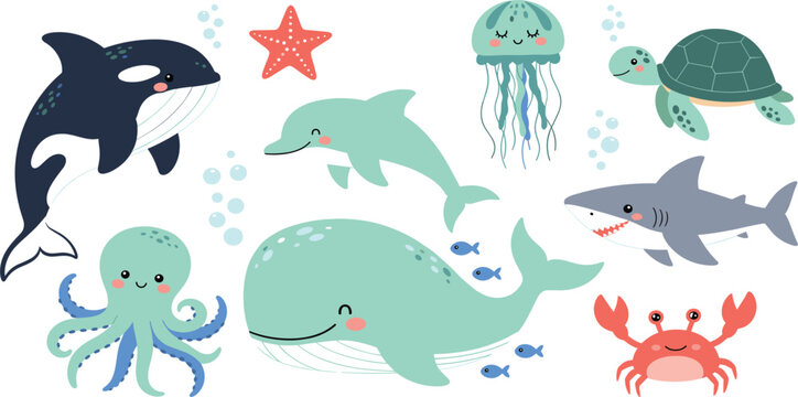 Cute ocean animals cartoon collection with whale dolphin shark turtle octopus jellyfish crab and starfish vector illustration set
