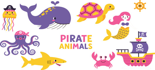 Cute pirate animals vector set with whale turtle shark octopus jellyfish mermaid crab and cartoon pirate ship illustration © MDRIFAT