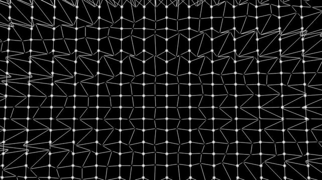  monochromatic digital animation featuring a distorted grid of white nodes and connecting lines that ripple and warp across a black background, creating a 3D topographic effect.