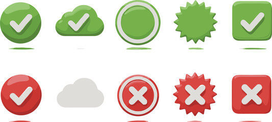 Collection of glossy 3D checkmark and cross mark icons in green and red colors for UI design, web validation, correct or incorrect feedback, and status indicators. © MdGohurul