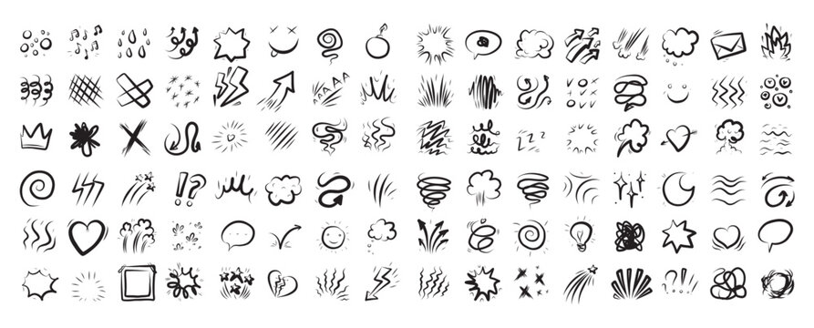 Set bundle Line cartoon comic expression icons. Doodle movement marks bubbles, boom spark shapes, arrows, hearts sweat drops shock bursts. Vector crayon style for anime emotion stickers graphic design