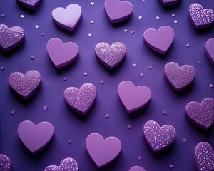 Obraz premium Many purple hearts, some textured with glitter, scattered on a darker purple background. Top view. Valentine's Day concept.