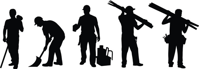 Construction worker silhouettes set, builders carrying materials, shovel digging work, industrial construction labor workers collection © Tanjimul
