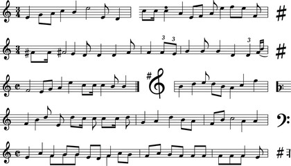 Black and white vector sheet music illustration featuring musical staves with various notes clefs accidentals and rhythmic symbols for classic melody composition concepts.