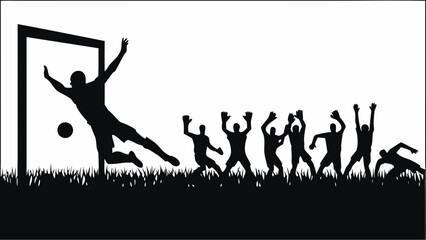 Soccer players celebrating winning goal in grassy field