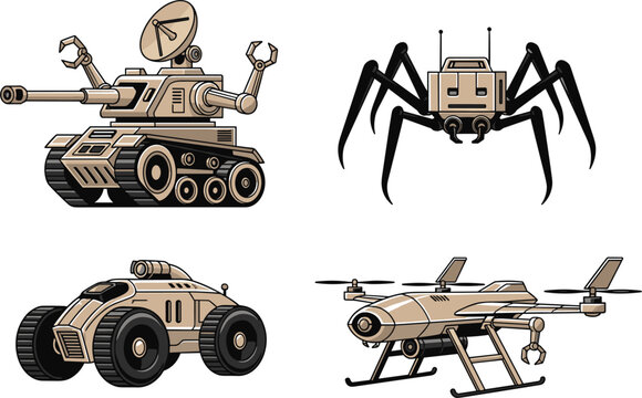 Tactical military robot vector set featuring unmanned ground vehicles, spider droids, autonomous combat tanks, and surveillance drones for futuristic defense and security concepts.