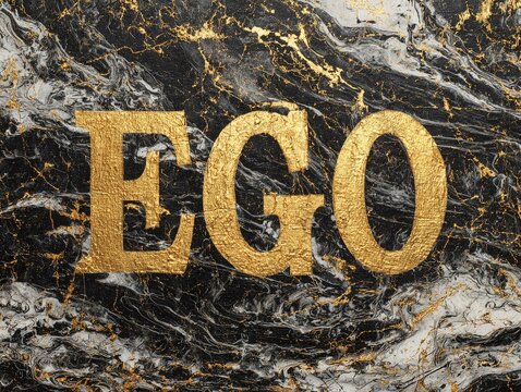 The word EGO in gold letters with a handcrafted texture on a dark abstract background with gold details, creative luxury, identity and visual power ideal for artistic design and modern backgrounds.