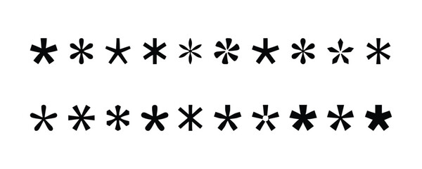 Row of abstract asterisk symbols in black and white variations