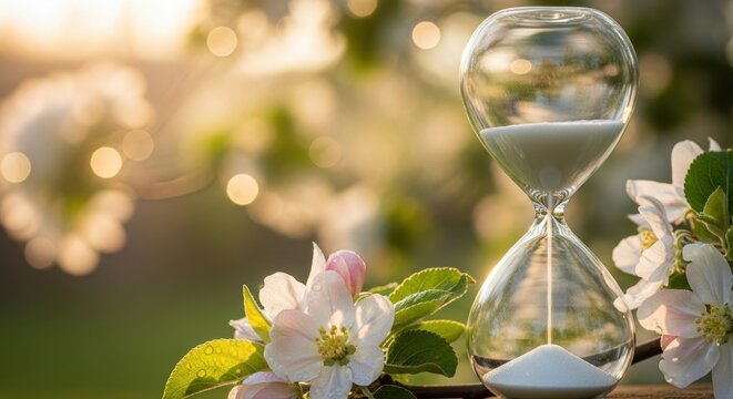 Hourglass with white sand among blooming spring flowers in bright sunlight. British summer time. bst -clocks go forward concept 2026