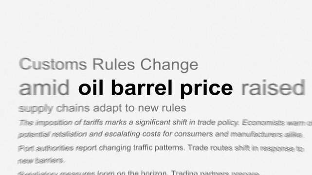 Oil barrel price surge and energy market crisis headlines in dynamic animation with newspaper match cut typography effect showing global petroleum volatility and fuel cost emergency
