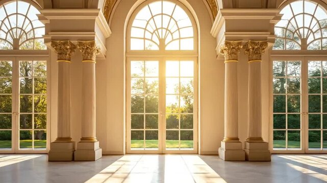 Grand hall with neoclassical architecture, ornate gold details, and large arched windows bathing the marble floor in sunlight