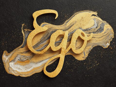 The word EGO in gold letters with a handcrafted texture on a dark abstract background with gold details, creative luxury, identity and visual power ideal for artistic design and modern backgrounds.